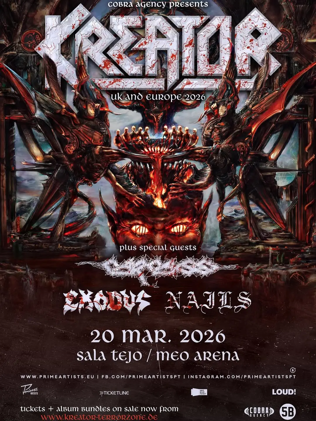 Kreator + Carcass + Exodus + Nails, Sala Tejo, Lisboa, Portugal (20/03/2026)